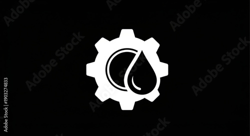 White gear with oil drop icon on black background.