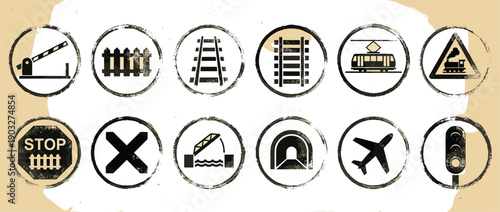 Collection of grunge transportation and traffic icons featuring a train, airplane, tram, and road signs in a distressed, vintage rubber stamp style for graphic design elements
