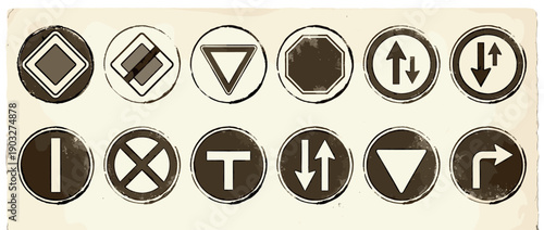 Collection of vintage-style road signs with a grunge stamp effect, featuring various traffic regulation icons like priority, yield, stop, and direction arrows in a retro design