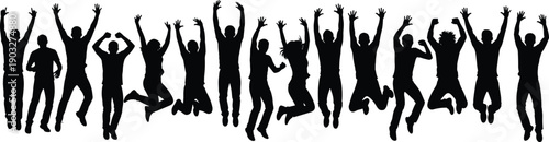 Group of people silhouettes jumping with raised hands expressing celebration success freedom happiness and positive energy in black and white vector illustration
