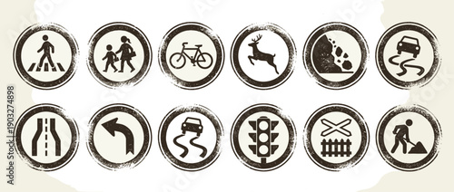 Collection of twelve round traffic sign icons with a distressed rubber stamp effect, featuring pictograms for road safety, warnings, and regulations in a vintage style