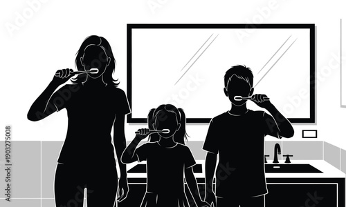 Family morning routine showing mother and children brushing their teeth