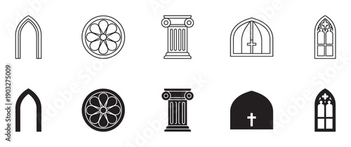 Set of black religious architecture icons featuring gothic arches, rose windows, classical columns, and crosses presented in minimalist line art and solid silhouette vector styles