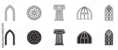 Black and white gothic architectural icon set with pointed arches, rose windows, classical columns, and ornate tracery windows in both line art and solid glyph styles