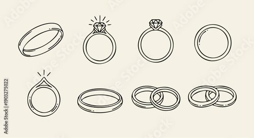 Jewelry Rings and Diamond Engagement Wedding Ring Outline Vector Set