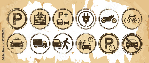 Collection of grunge parking and transportation icons with a distressed, stamped effect, featuring symbols for cars, electric vehicles, bicycles, taxis, and traffic regulations