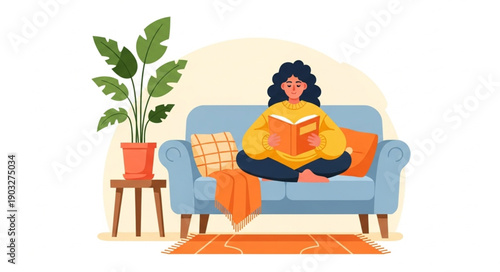 Woman reading a book on a sofa in a cozy room.