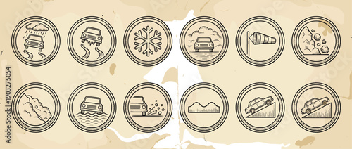 Collection of vintage road safety icons in a hand-drawn sketch style depicting various driving hazards like snow, rain, fog, and landslides