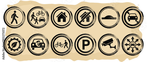 Set of black urban mobility icons with a vintage grunge stamp effect, illustrating various traffic and city life concepts like parking, pedestrians, cars, and surveillance