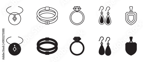 Set of black jewelry icons featuring necklaces, bracelets, rings, and earrings in two distinct styles, a minimalist line art outline and a solid black silhouette graphic design