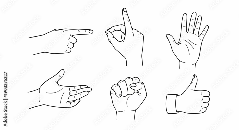 Fototapeta premium Human Hand Communication Gestures Set Outline Illustration Collection