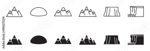 Black mountain and landscape icon collection featuring various peaks, hills, canyons, and cliffs in both outline and solid glyph styles for web and mobile application design