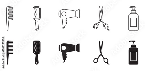 Set of black hairdresser tool icons including a comb, brush, hairdryer, scissors, and shampoo bottle, presented in both outline and solid silhouette styles for a barbershop concept