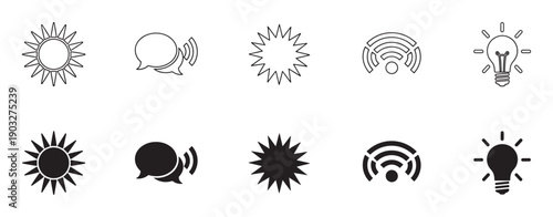 Set of black and white icons featuring sun, speech bubble, starburst, wifi, and lightbulb symbols in both outline and solid silhouette styles for graphic design elements