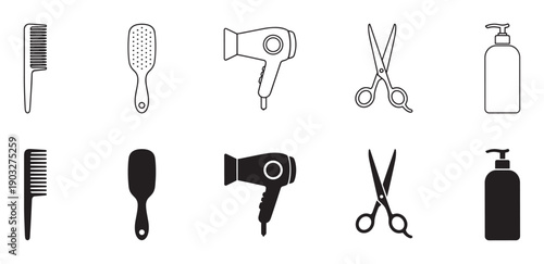 Set of black hairdressing icons showing a comb, brush, hairdryer, scissors, and shampoo bottle in both outline and solid silhouette styles for a beauty or barber concept