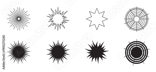Set of eight black and white starburst and sunburst graphic design elements in various styles, including spiky explosions, radial lines, and geometric star and circular shapes
