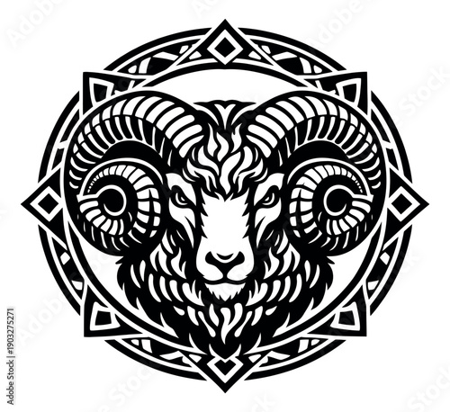 Decorative line art illustration of a ram's head depicting the Aries zodiac sign for spiritual and tribal designs