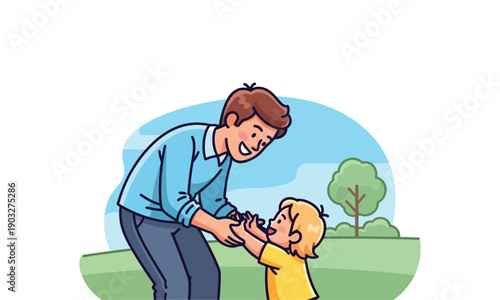 Father holding son happily in park together, outdoor family fun