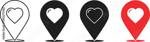 Heart location pin icons set representing love favorite places dating destinations and emotional connection in modern flat vector illustration design