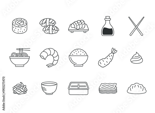 Set of Asian food line icons featuring sushi, ramen, tempura, rice, and other traditional dishes in a minimalist black and white vector illustration style for menu or graphic design