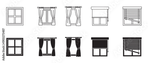 Set of black window icons showing different types of coverings like curtains, roller shades, and jalousie in both outline and solid silhouette styles for graphic design