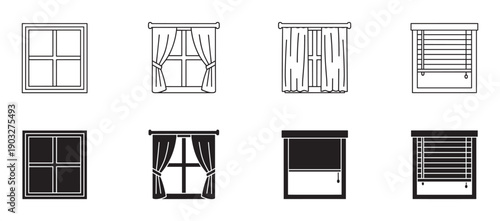 Collection of eight window treatment icons including curtains, drapes, and blinds, shown in two distinct graphic styles, a simple black outline and a solid black silhouette
