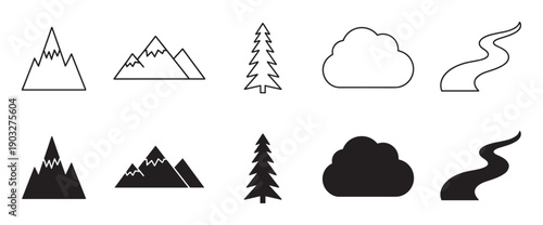 Set of minimalist black nature icons featuring mountains, trees, clouds, and rivers in both outline and solid silhouette styles for graphic design elements