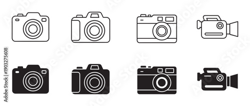 Black camera and video camera icons set in line art and solid glyph styles for web and mobile design, showing various photo and video equipment models in a minimalist vector illustration