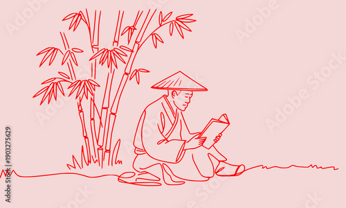 Asian Farmer Planting Rice Field Red Line Drawing Traditional Agriculture Worker with Conical Hat and Bamboo Illustration Oriental Rural Life Scene Art