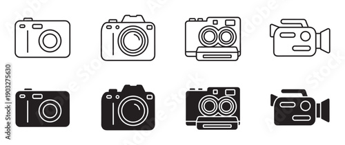 Set of black camera and camcorder icons in line art and glyph styles, featuring various models like DSLR, vintage twin-lens, and modern video recorders for graphic design
