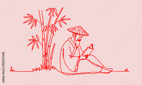 Asian Farmer Sitting with Bamboo Red Line Drawing Illustration Traditional Chinese Vietnamese Worker Sketch Minimalist Oriental Art Design on Pink Background