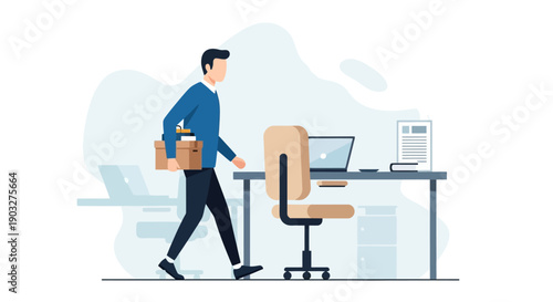 Man carrying box of belongings leaving office with desk and chair visible