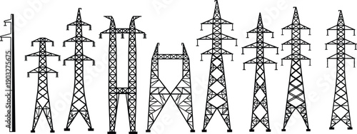 High voltage electricity transmission tower silhouettes set featuring utility poles and power pylons isolated on white background for energy infrastructure design