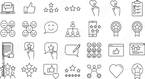 Vector Line Icons of Customer Feedback and Ratings for Reviews, Satisfaction, Testimonials, Social Media, and Quality Assurance Projects.