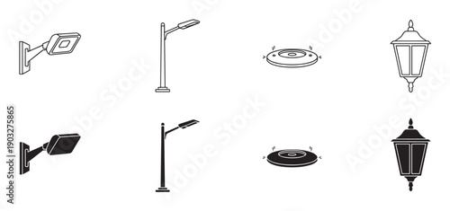 Set of outdoor lighting icons including streetlights, wall lamps, ground lights, and lanterns in both line art and solid black glyph styles for urban and garden design