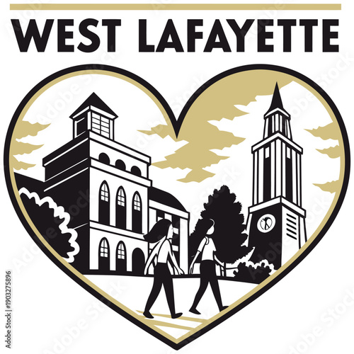 West Lafayette Cityscape with Clock Tower and Pedestrians in Heart Frame
