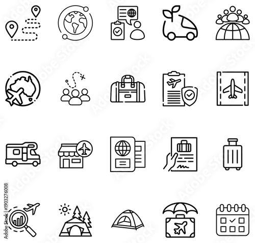 Collection of travel and transportation including airplanes luggage and maps globe