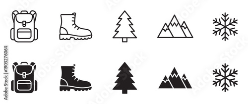 Set of black hiking and winter icons in two styles, line art and solid glyph, showing a backpack, boot, tree, mountains, and snowflake for outdoor adventure concepts
