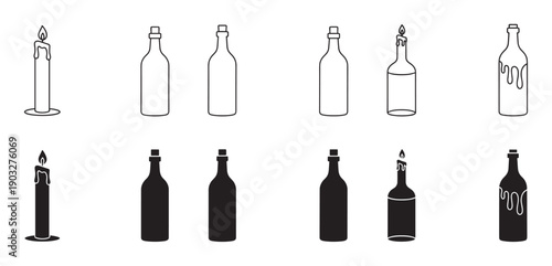 Black bottle and candle vector icon set with minimalist outline and solid silhouette styles showing a burning candle, empty container, and wax dripping down a bottle