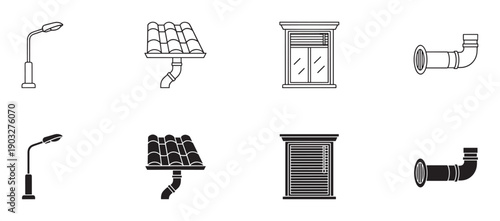 Collection of house construction and exterior icons featuring a lamppost, roof gutter, window, and drainpipe, presented in both a clean line art style and a bold glyph silhouette