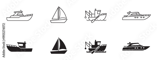 Set of boat and ship icons featuring a yacht, sailboat, and fishing trawler, presented in two distinct styles as simple black line art and solid silhouette pictograms