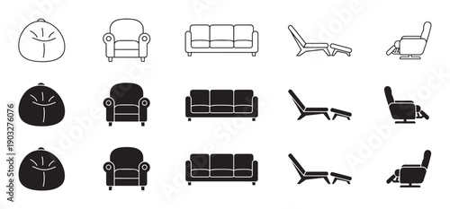 Set of black and white furniture icons featuring a sofa, armchair, recliner, bean bag, and chaise lounge, presented in both simple line art and solid silhouette glyph styles