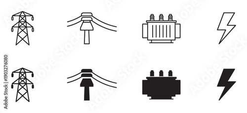 Black electricity and power supply icons featuring a pylon, transformer, insulator, and lightning bolt symbol, rendered in two distinct styles: a clean outline and a bold solid silhouette