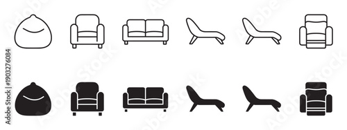 Black furniture icon set featuring a sofa, armchair, chaise lounge, and beanbag in two different styles, one as a simple thin outline and the other as a solid filled glyph