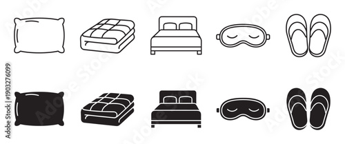 Collection of black sleep-related icons presented in two distinct vector styles, outline and solid glyph, depicting a pillow, duvet, bed, eye mask, and slippers