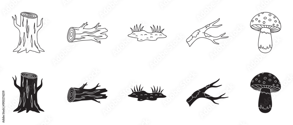 Obraz premium Set of hand-drawn forest elements including a tree stump, log, branch, grass, and mushroom, presented in both black outline and solid silhouette styles for versatile design use