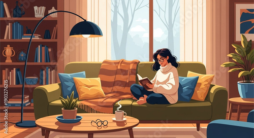 Woman reading a book on a comfortable sofa in a cozy living room.