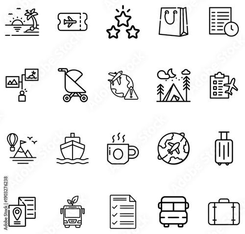 Collection of travel and vacation including airplane ticket suitcase bus ship and beach