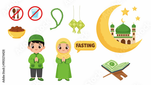 Illustration of Muslim couple praying together during Ramadan, surrounded by fasting symbols and charity, depicting spiritual devotion and cultural heritage