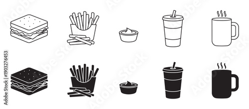 Minimalist fast food vector icon set showing a sandwich, french fries, sauce, soft drink, and a steaming mug in both simple line art and solid black glyph styles